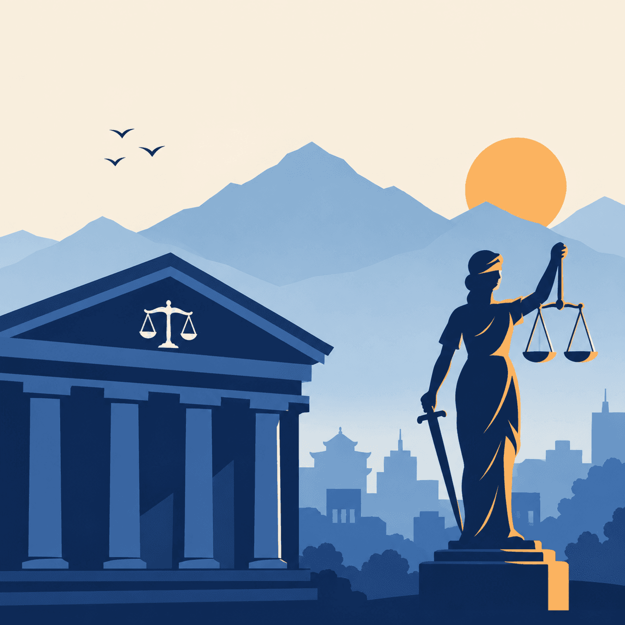 Courthouse with Lady Justice illustration